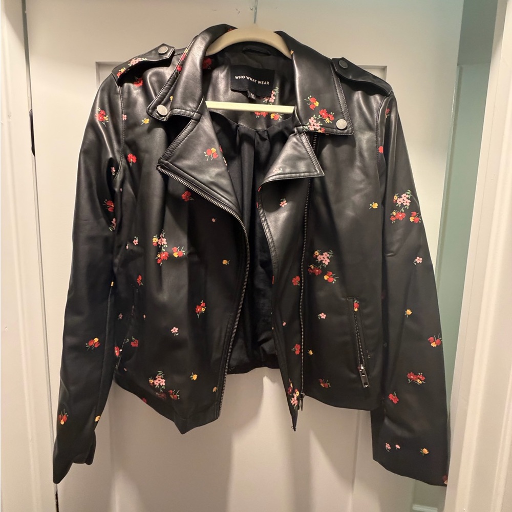 Who What Wear Black Leather Jacket with Floral Accents